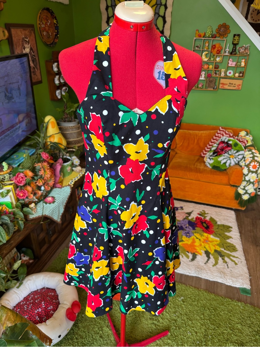 Smart Set Black Halter Midi Dress with Red, Yellow, Blue & Green Floral Print